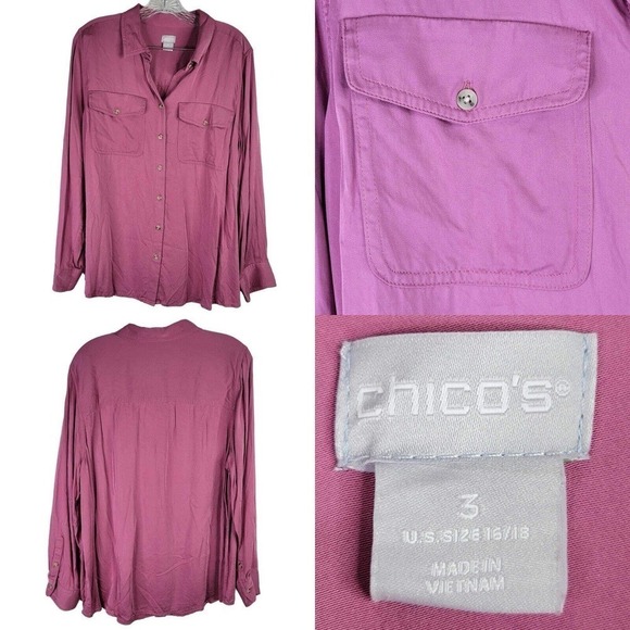 Chico's Shirt Long Sleeve Button Up Blouse Mauve Pink Womens Size 3 US XL 16/18 - Picture 1 of 9
